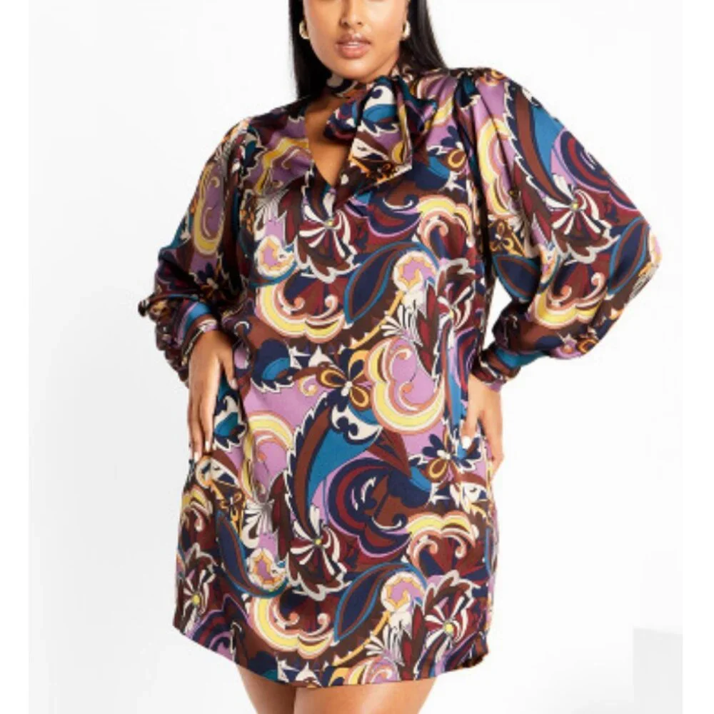 NWT City Chic Retro Long Sleeve Tie Neck Shirt Dress 20